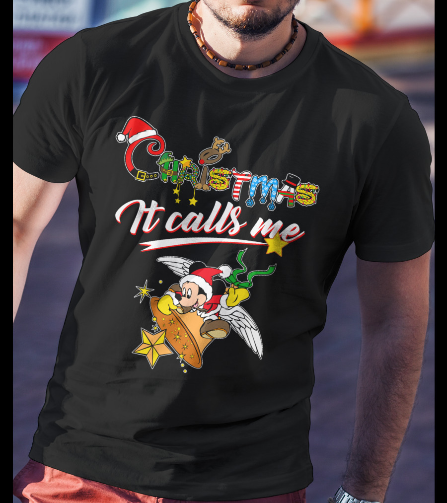 Christmas It Calls Me Mickey Santa Hat Winged Bell T-Shirt