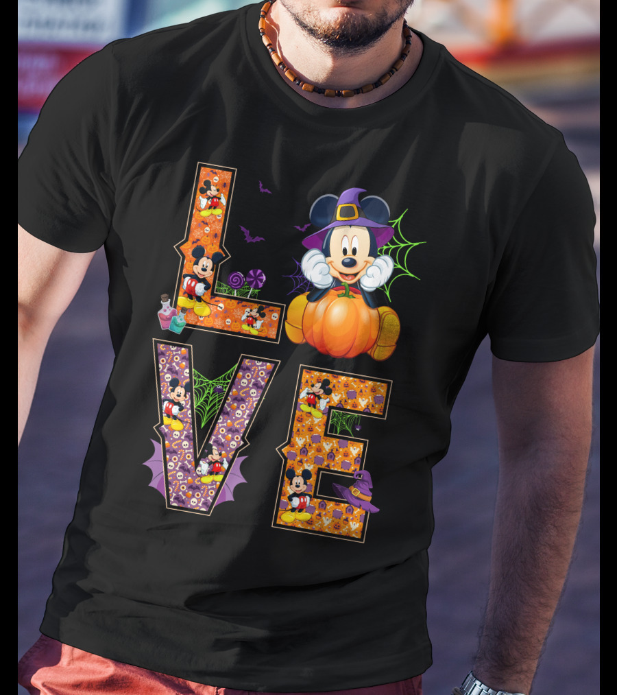 Love Halloween Mickey Mouse Pumpkin Witch Hat Spooky Bats T-Shirt