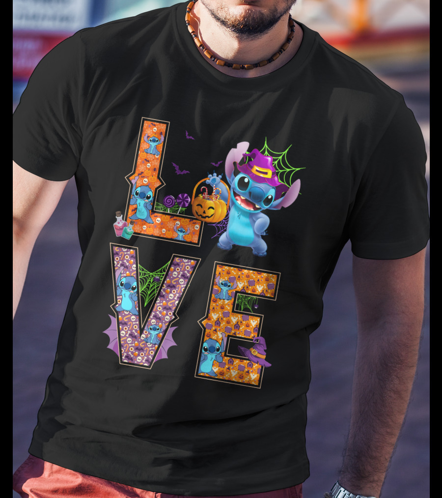 Love Stitch Halloween Theme With Pumpkin And Spiderwebs T-Shirt