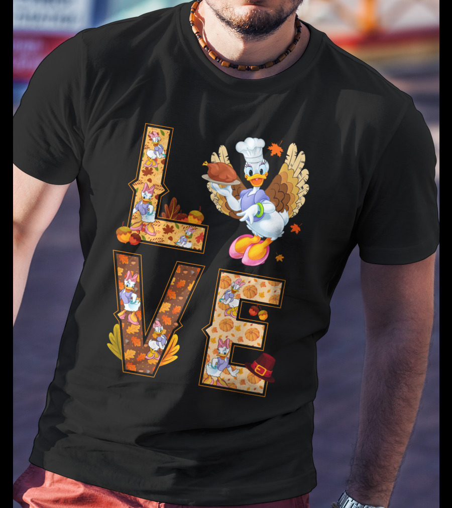 Thanksgiving Daisy Duck Love Fall Leaves Pumpkins Turkey Chef Hat T-Shirt