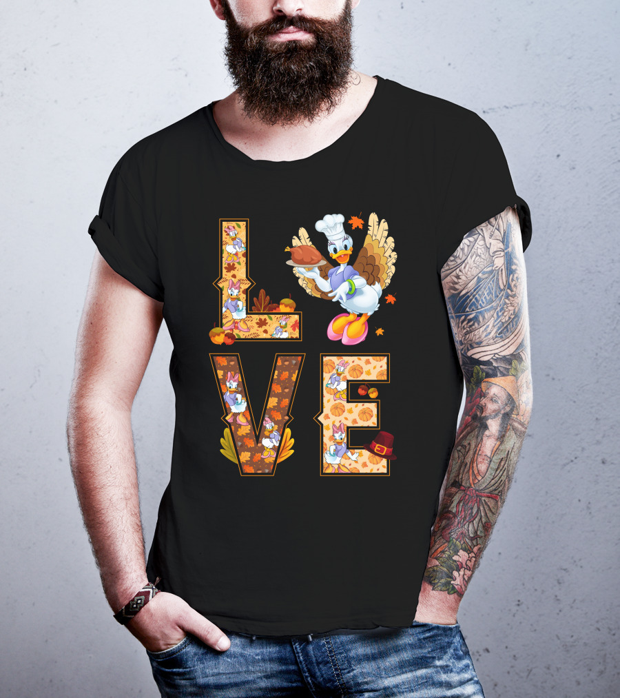 Thanksgiving Daisy Duck Love Fall Leaves Pumpkins Turkey Chef Hat T-Shirt