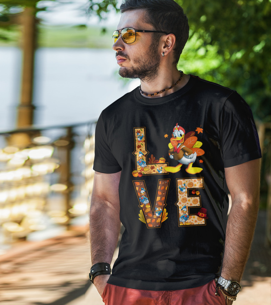 Love Thanksgiving Donald Duck Turkey Autumn Leaves Pumpkins T-Shirt
