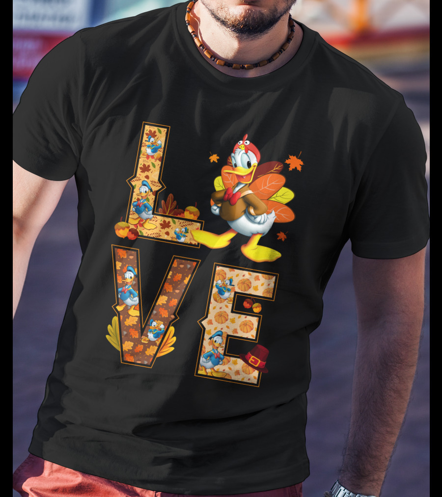 Love Thanksgiving Donald Duck Turkey Autumn Leaves Pumpkins T-Shirt