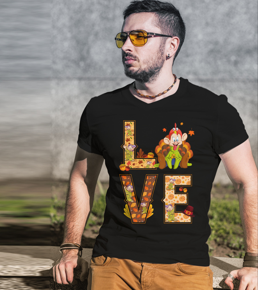 Love Thanksgiving Dopey Characters And Autumn Leaves T-Shirt