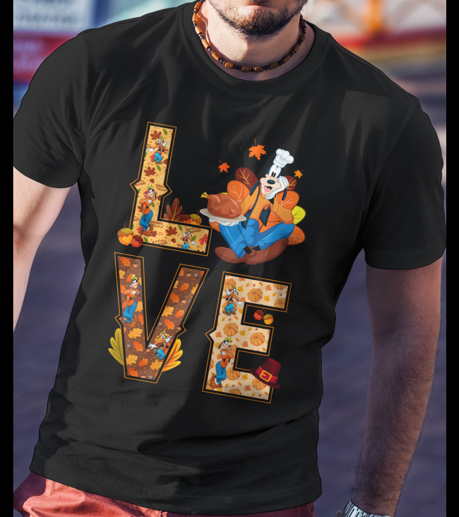 Goofy Love Fall Thanksgiving Leaves Turkey Chef Hat T-Shirt