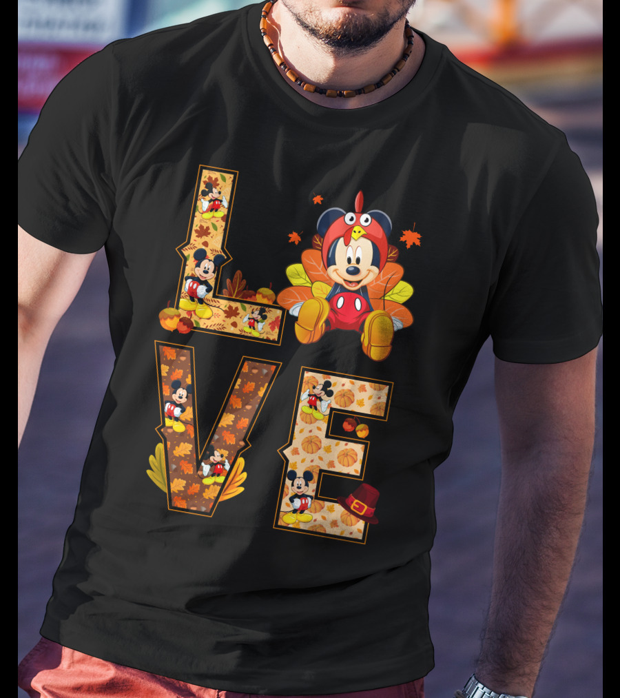 Mickey Love Thanksgiving Theme With Autumn Leaves And Pumpkins T-Shirt