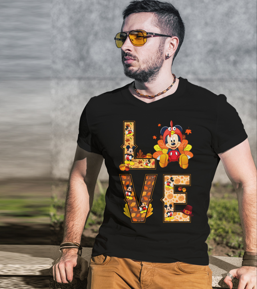 Mickey Love Thanksgiving Theme With Autumn Leaves And Pumpkins T-Shirt