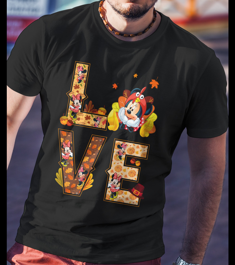 Autumn Love Minnie Mouse Fall Theme With Leaves And Pumpkins T-Shirt