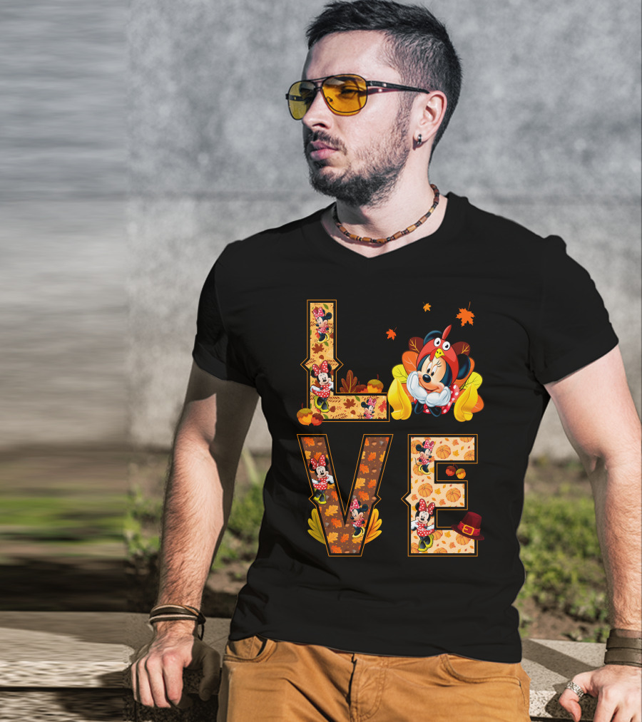 Autumn Love Minnie Mouse Fall Theme With Leaves And Pumpkins T-Shirt