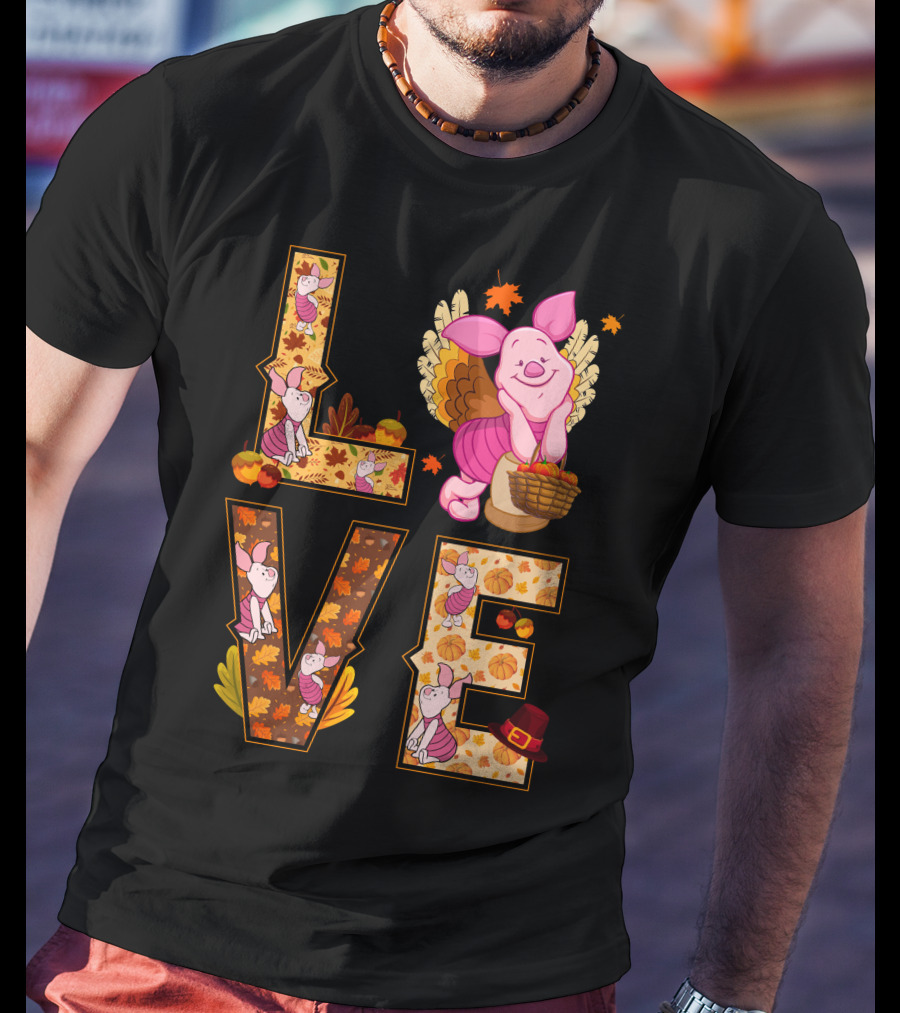Piglet Love Autumn Harvest Thanksgiving Pumpkin Leaves T-Shirt