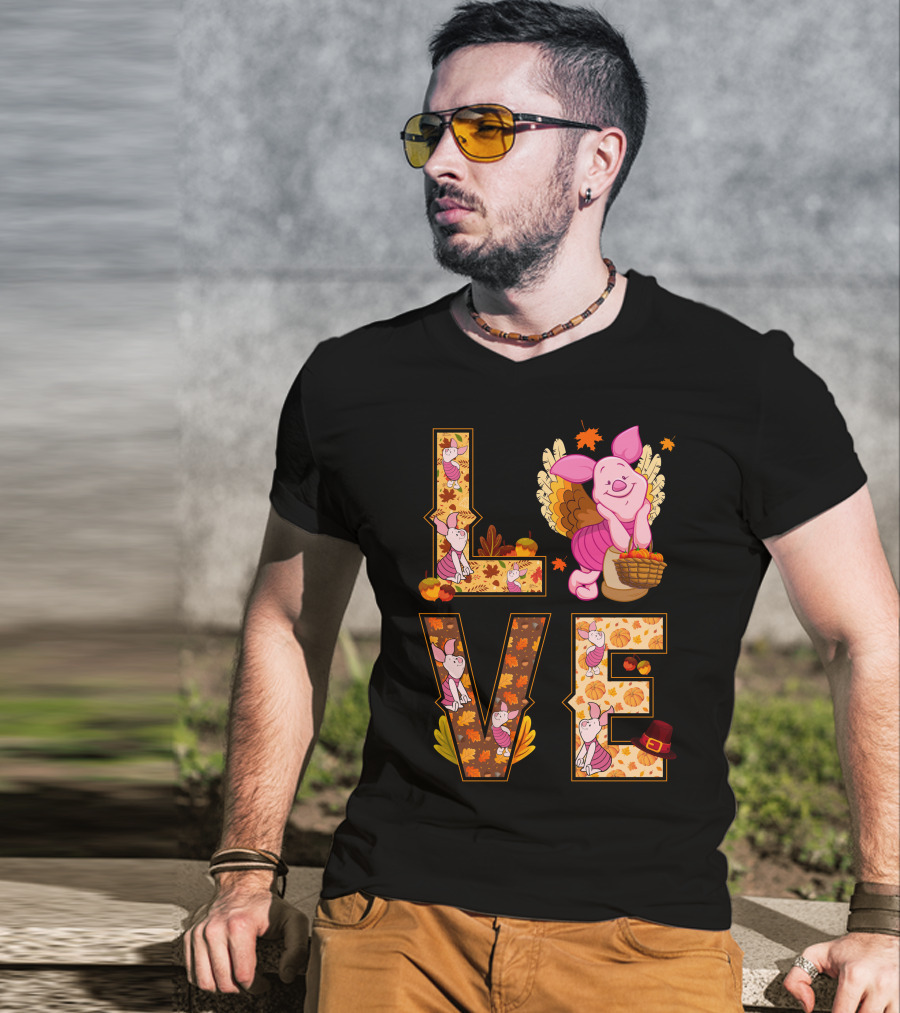 Piglet Love Autumn Harvest Thanksgiving Pumpkin Leaves T-Shirt