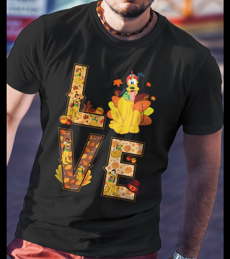 Pluto Thanksgiving Love Autumn Leaves And Pumpkins T-Shirt