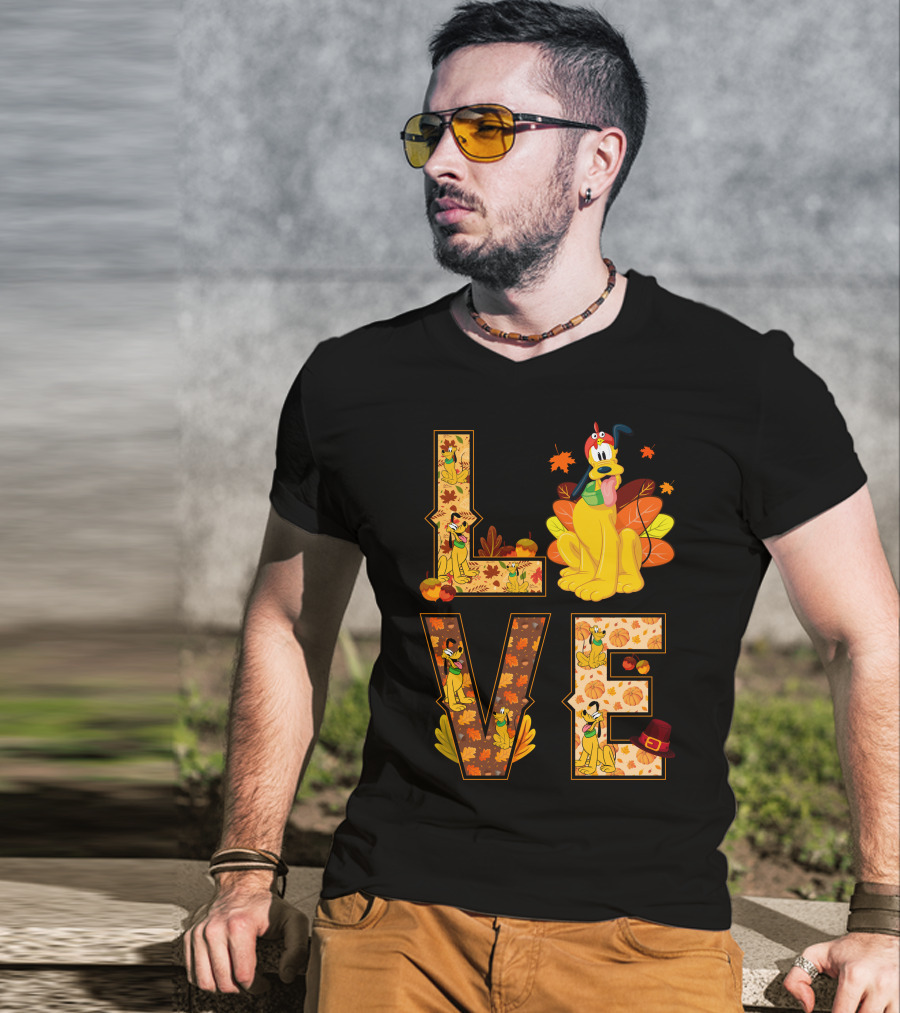 Pluto Thanksgiving Love Autumn Leaves And Pumpkins T-Shirt