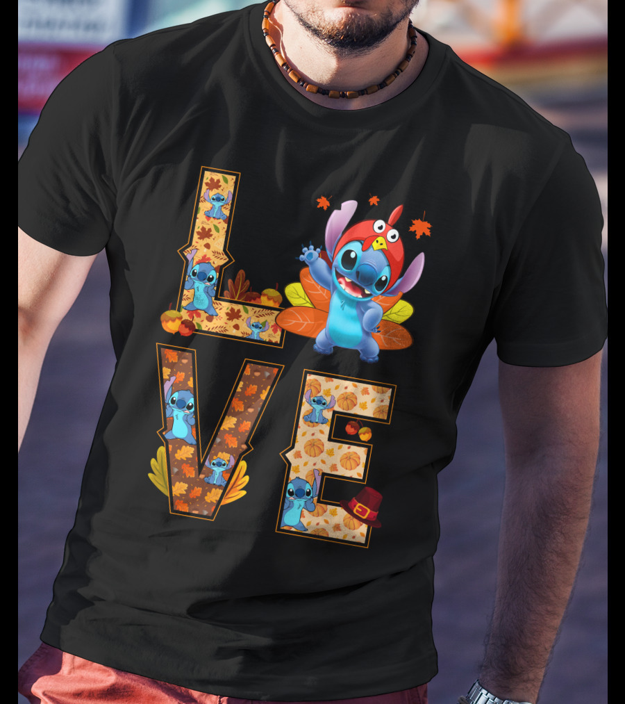 Love Stitch Thanksgiving Autumn Leaves Pumpkins Turkey Hat T-Shirt