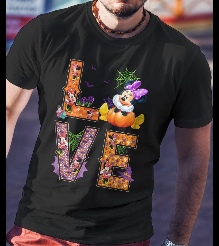 Love Minnie Halloween Pumpkin Bats Spiderwebs Bow T-Shirt