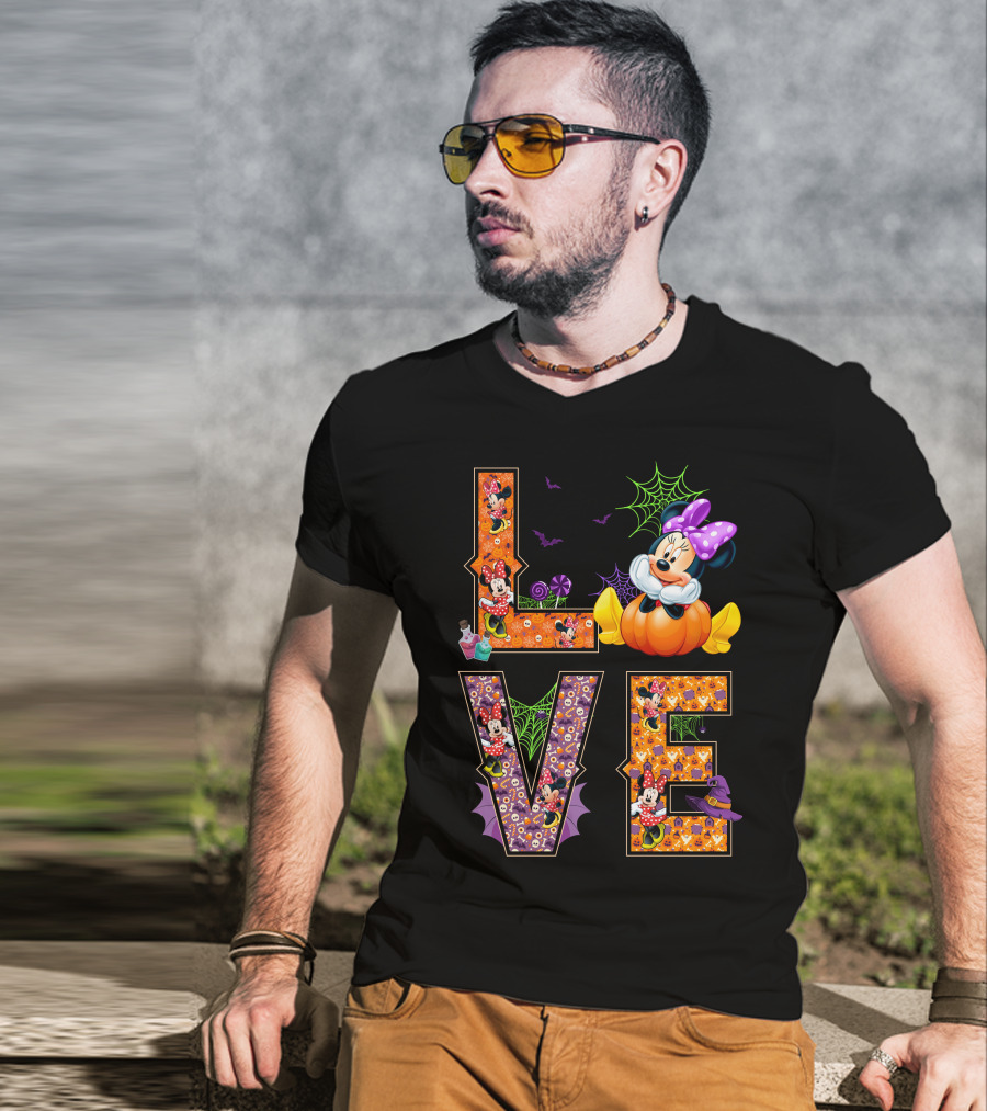 Love Minnie Halloween Pumpkin Bats Spiderwebs Bow T-Shirt