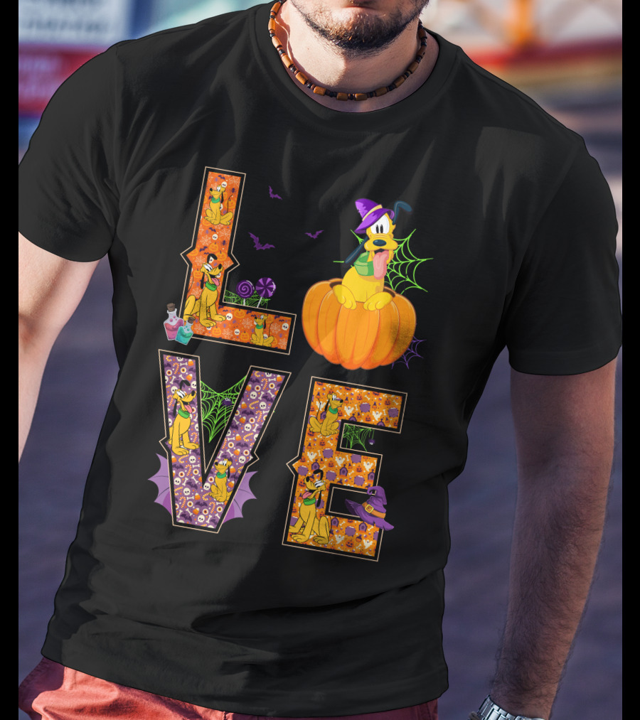Love Pluto Halloween Pumpkin Bats Spider Webs T-Shirt