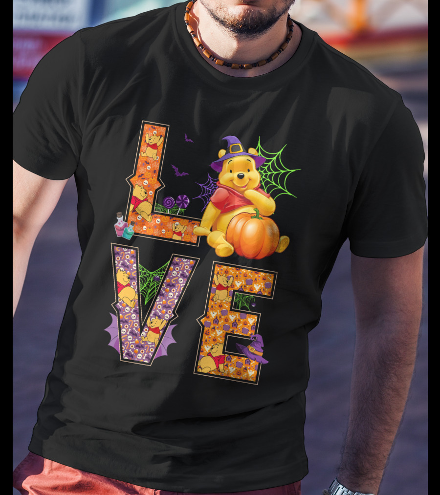 Pooh Halloween Love With Pumpkins And Spider Webs T-Shirt