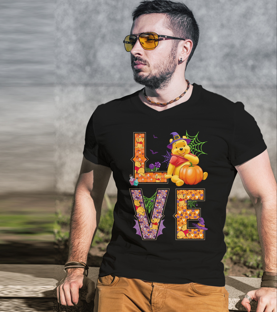 Pooh Halloween Love With Pumpkins And Spider Webs T-Shirt