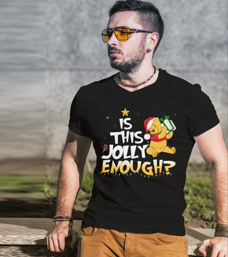 Is This Jolly Enough Pooh Bear Santa Hat Christmas Lights Gift T-Shirt