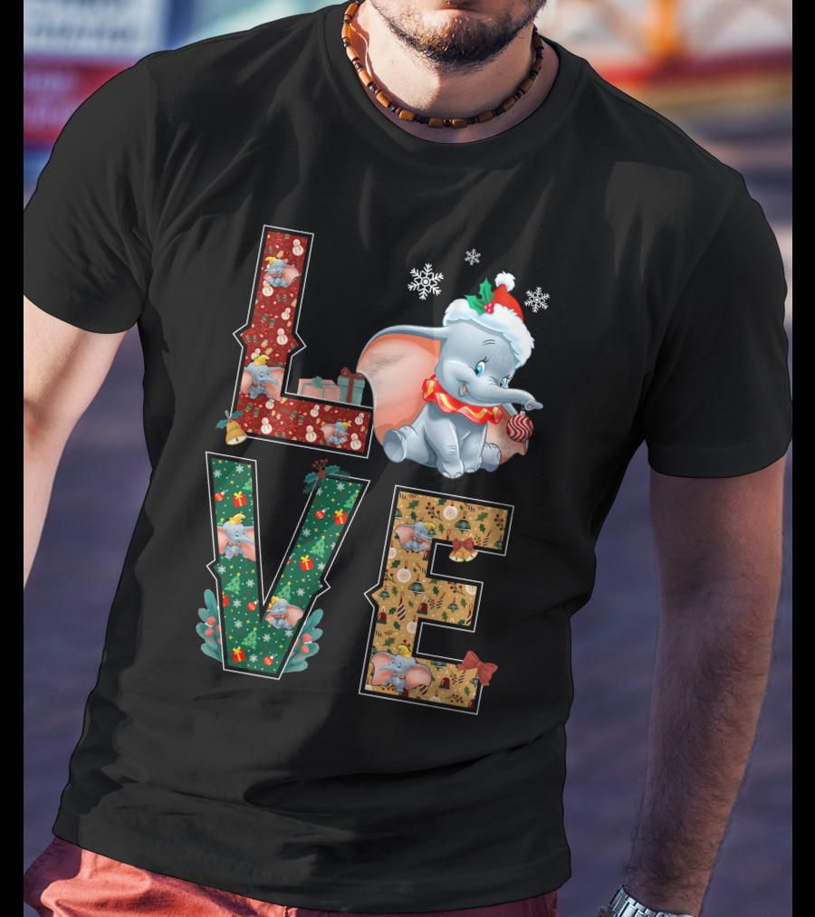 Love Dumbo Christmas Holiday Snowflakes Santa Hat Candy Cane T-Shirt