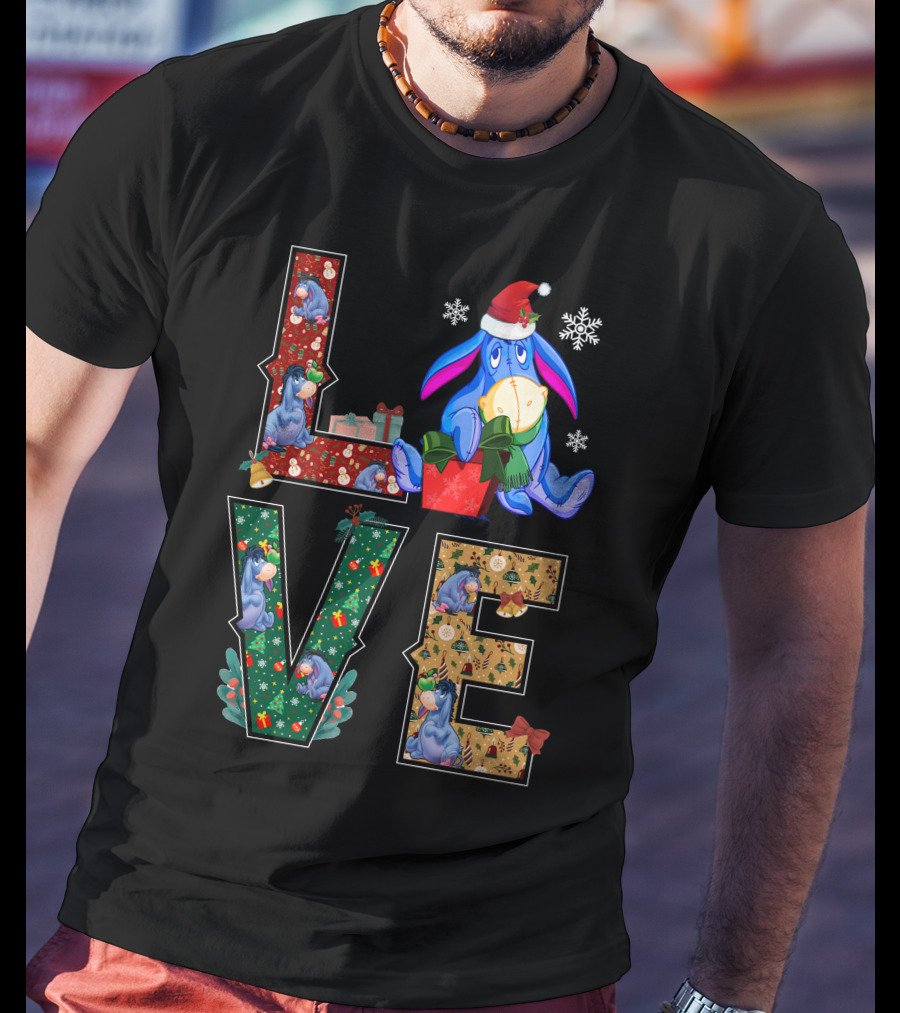 Eeyore Christmas Love Santa Hat Snowflakes T-Shirt
