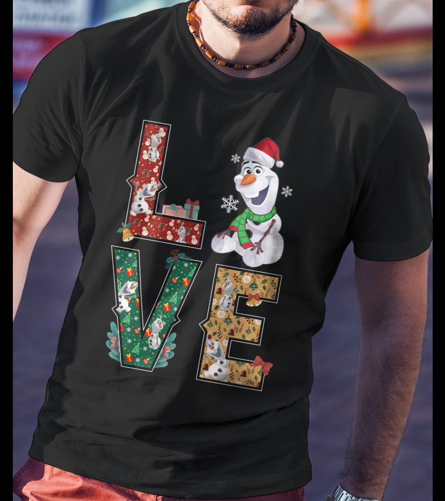 Love Olaf Christmas Snowman Santa Hat Scarf Snowflake Gifts T-Shirt