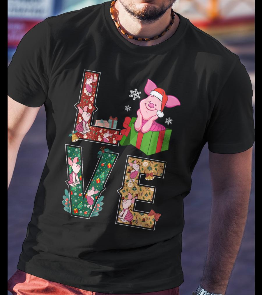 Piglet Christmas Love Santa Hat Gift Box Snowflakes T-Shirt