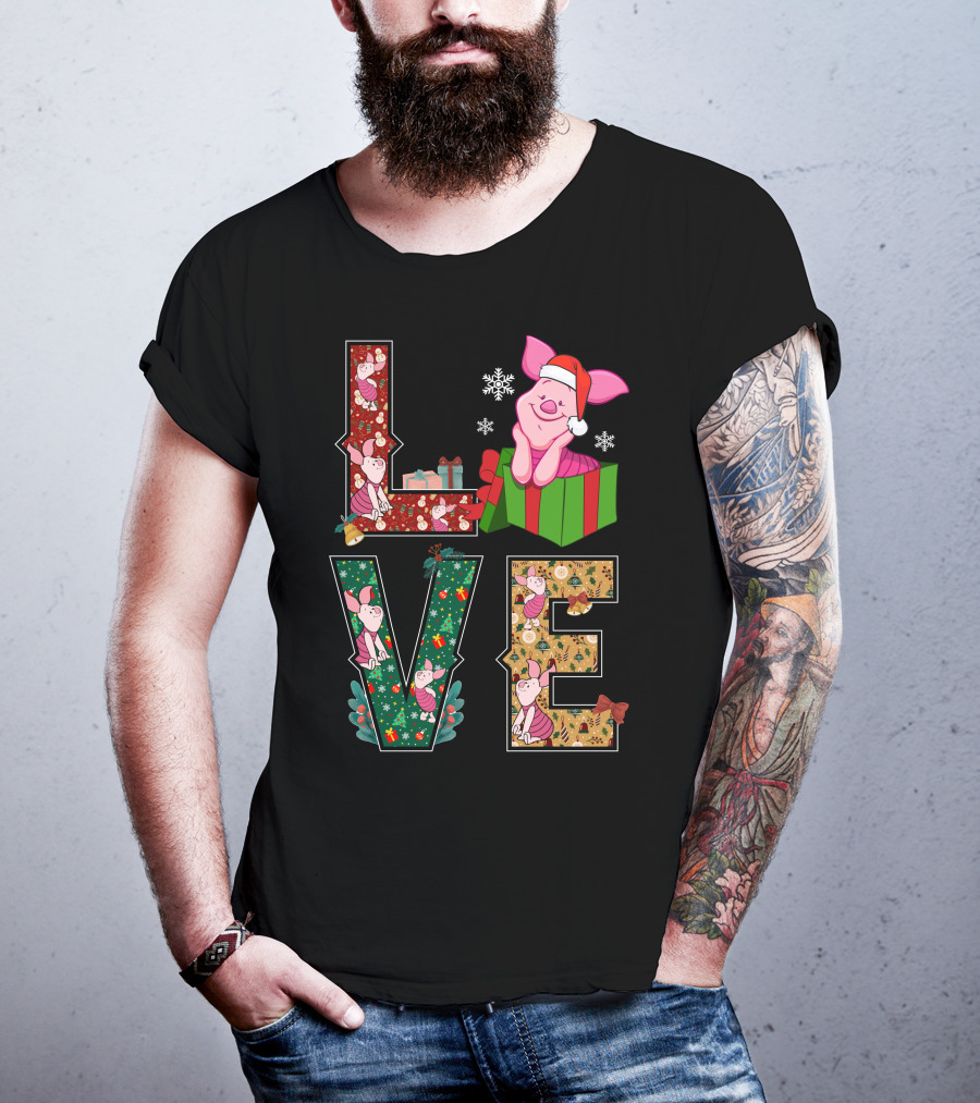 Piglet Christmas Love Santa Hat Gift Box Snowflakes T-Shirt