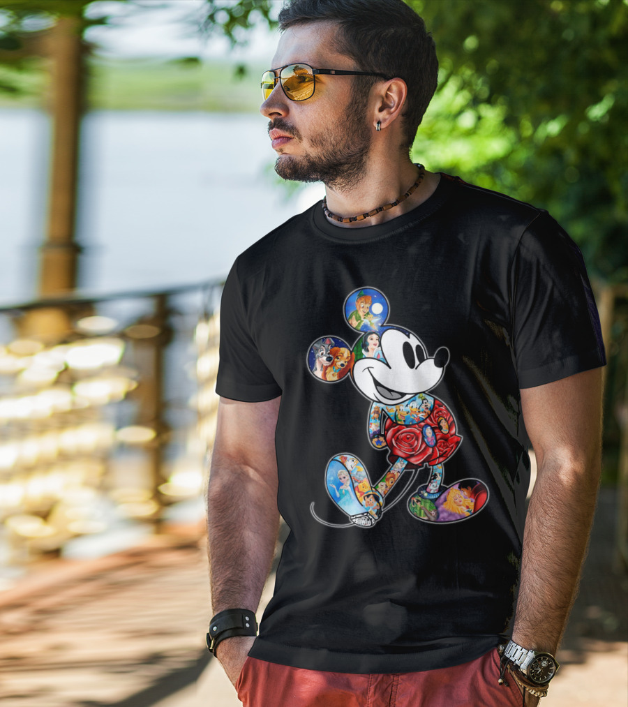 Mickey Mouse Collage Featuring Classic Disney Characters T-Shirt
