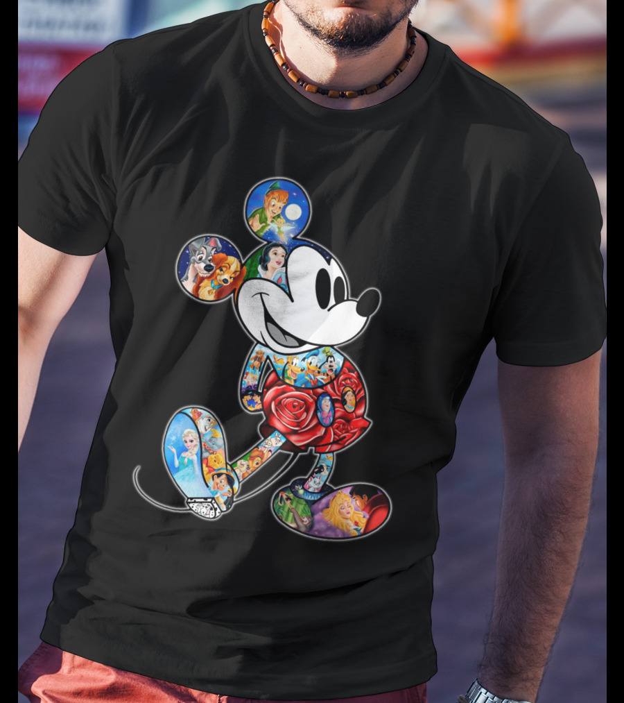 Mickey Mouse Collage Featuring Classic Disney Characters T-Shirt