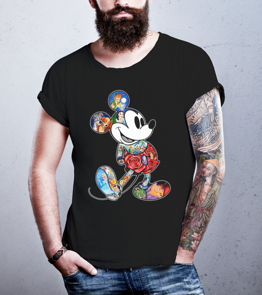 Mickey Mouse Collage Featuring Classic Disney Characters T-Shirt