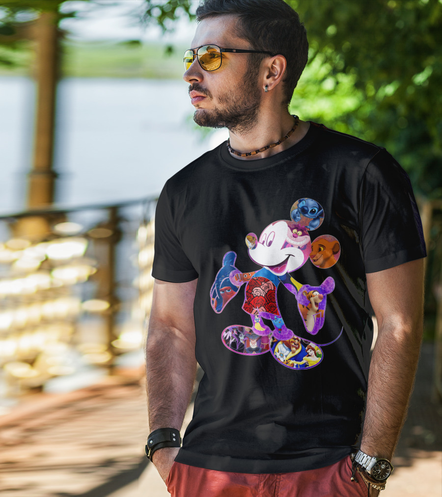 Mickey Mouse Collage Featuring Disney Characters From Lilo & Stitch The Lion King Finding Nemo Winnie The Pooh The Little Mermaid Beauty And The Beast T-Shirt