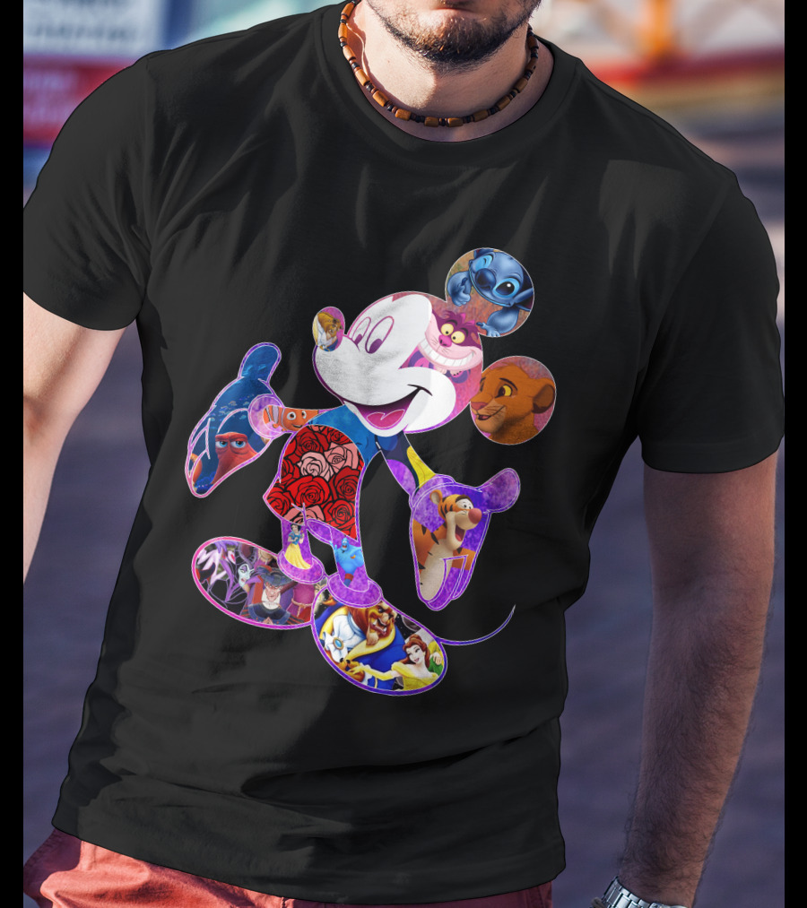 Mickey Mouse Collage Featuring Disney Characters From Lilo & Stitch The Lion King Finding Nemo Winnie The Pooh The Little Mermaid Beauty And The Beast T-Shirt