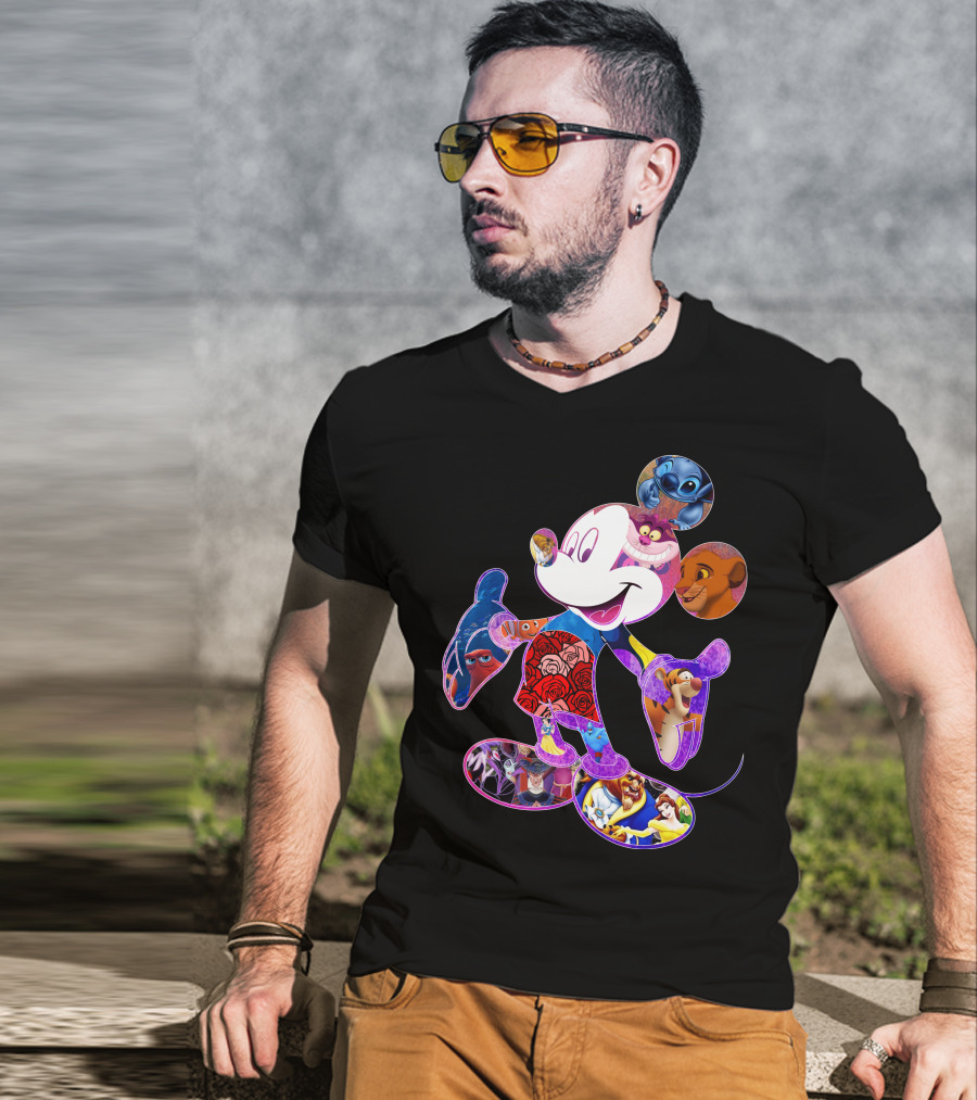 Mickey Mouse Collage Featuring Disney Characters From Lilo & Stitch The Lion King Finding Nemo Winnie The Pooh The Little Mermaid Beauty And The Beast T-Shirt