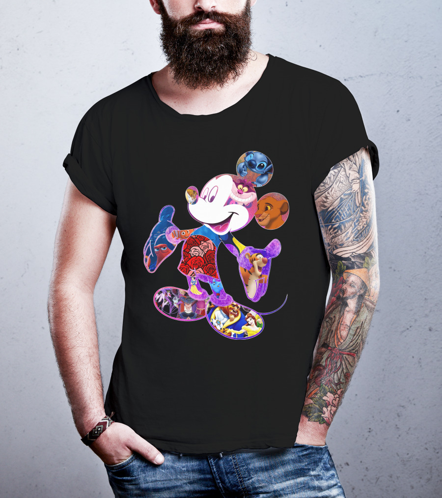 Mickey Mouse Collage Featuring Disney Characters From Lilo & Stitch The Lion King Finding Nemo Winnie The Pooh The Little Mermaid Beauty And The Beast T-Shirt