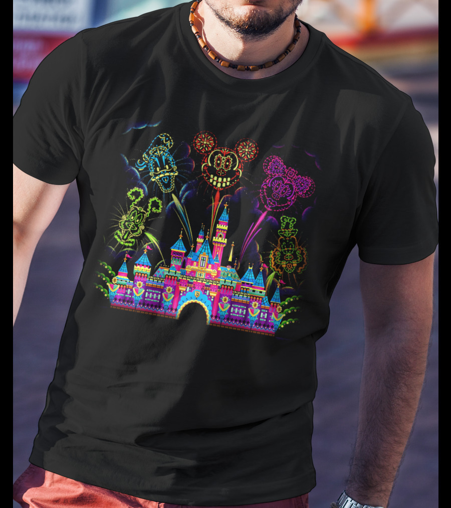 Disney Neon Fireworks Castle Mickey Minnie Goofy T-Shirt