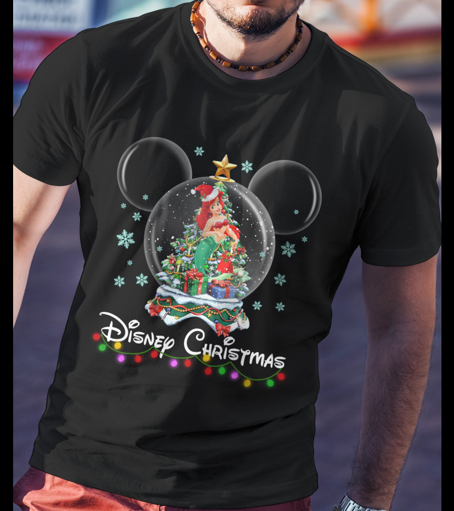 Disney Christmas Ariel Snow Globe Mickey Ears T-Shirt