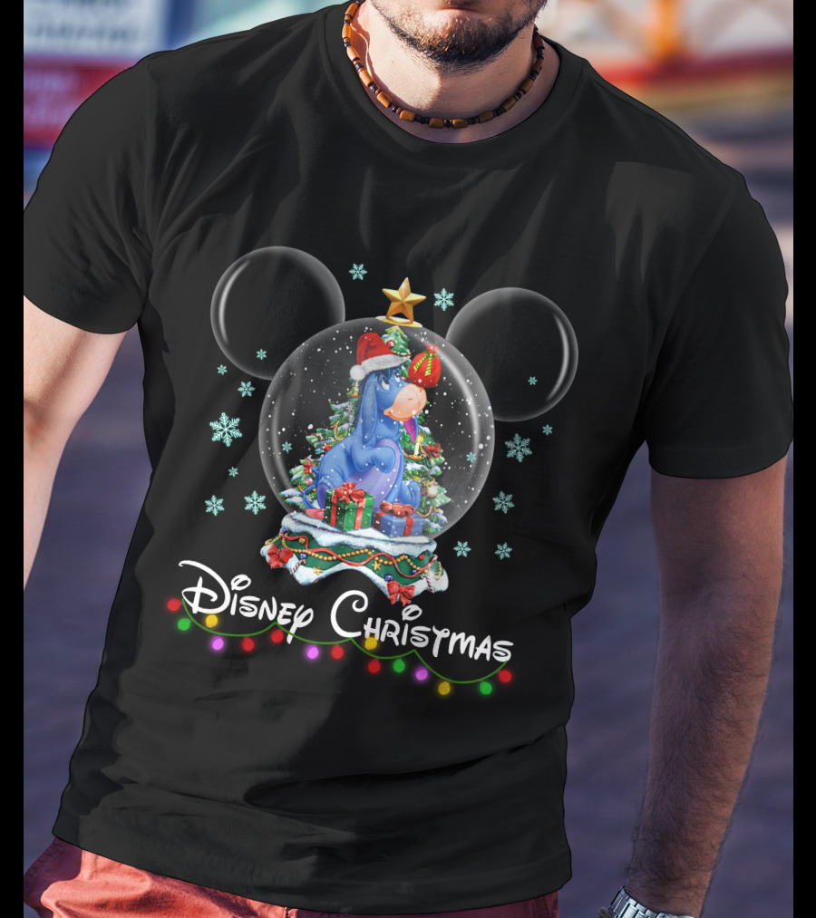 Disney Christmas Eeyore Snow Globe Mickey Ears Santa Hat T-Shirt