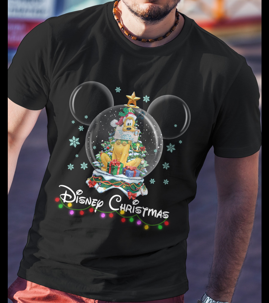 Disney Christmas Pluto Snow Globe Santa Nice List T-Shirt