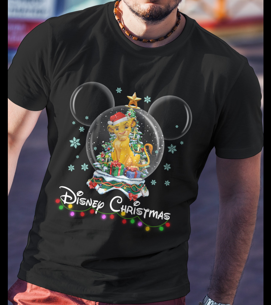 Disney Christmas Simba Snow Globe With Presents And Christmas Tree T-Shirt