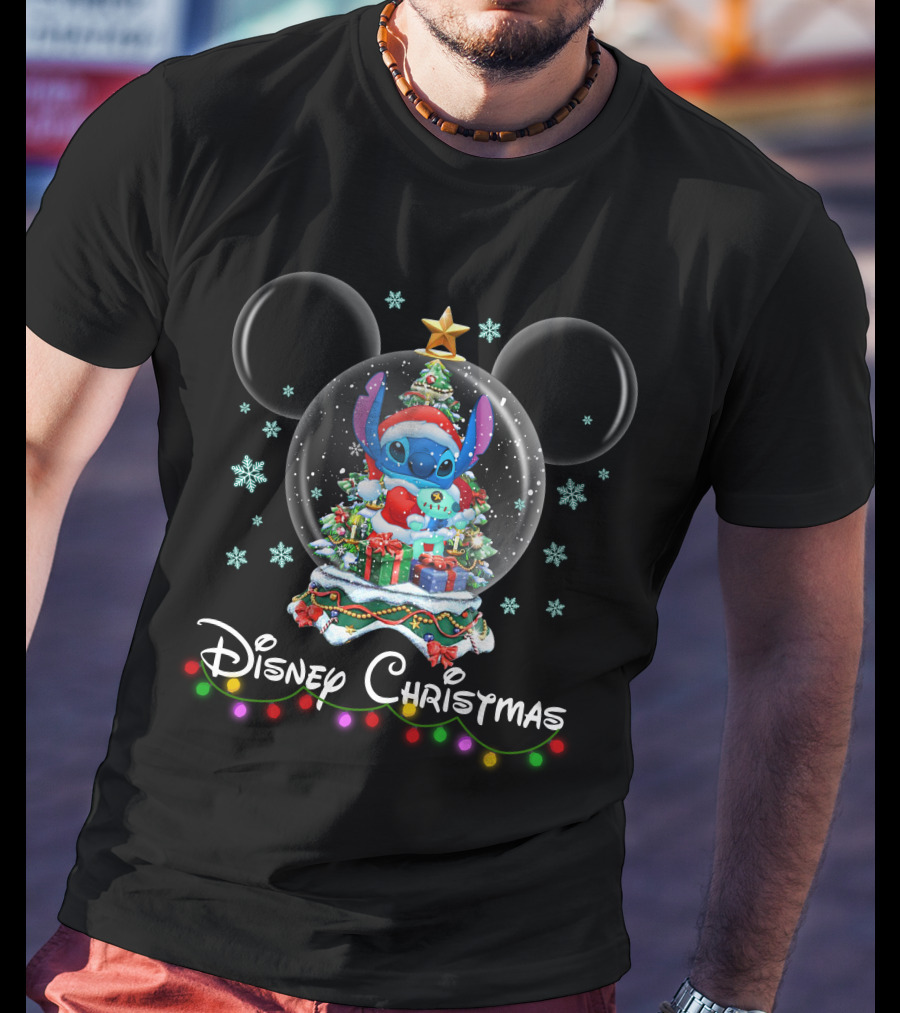 Disney Christmas Stitch Snow Globe Holiday Celebration T-Shirt