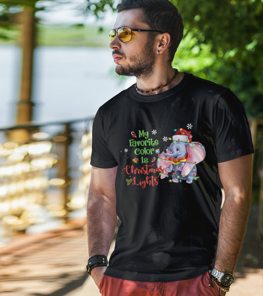 My Favorite Color Is Christmas Lights Dumbo Elephant Santa Hat Snowflakes Garland T-Shirt