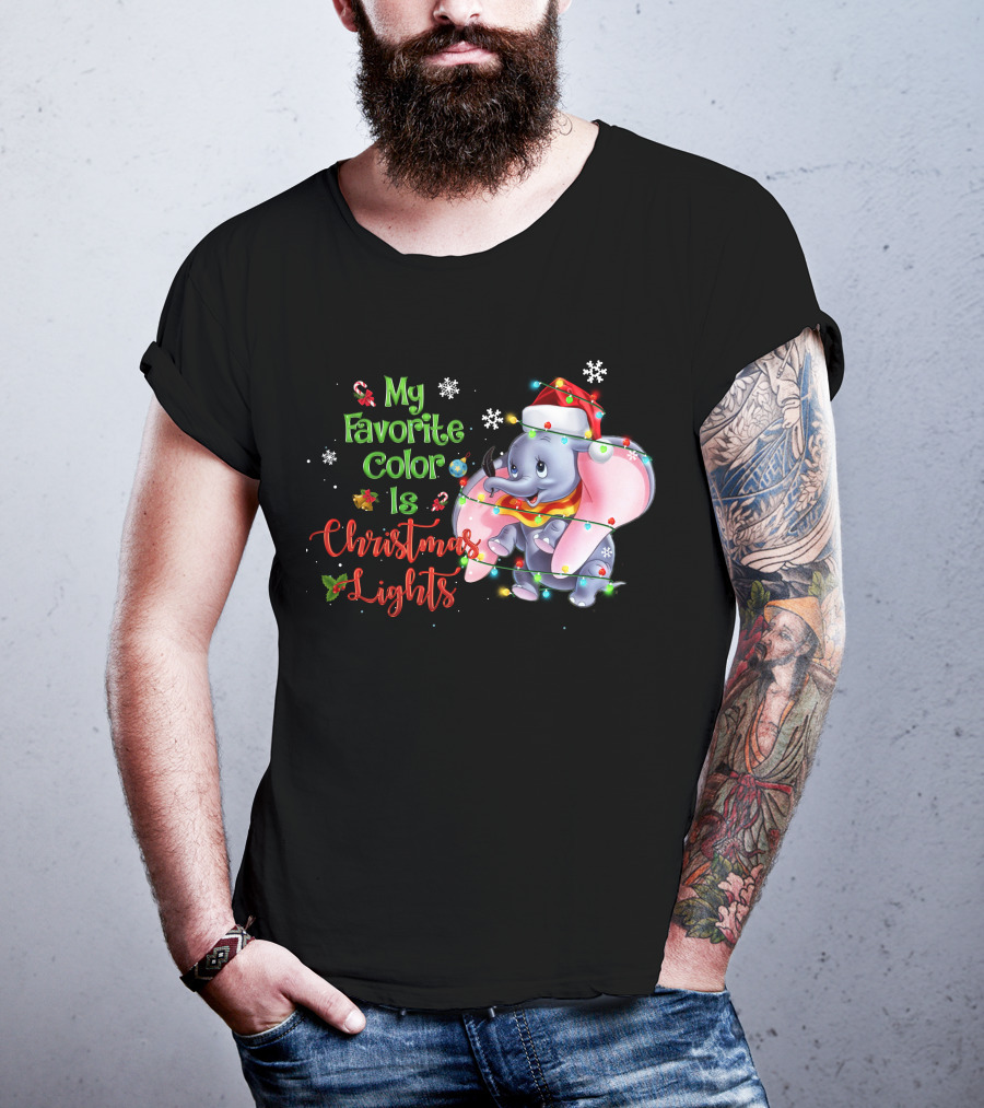 My Favorite Color Is Christmas Lights Dumbo Elephant Santa Hat Snowflakes Garland T-Shirt