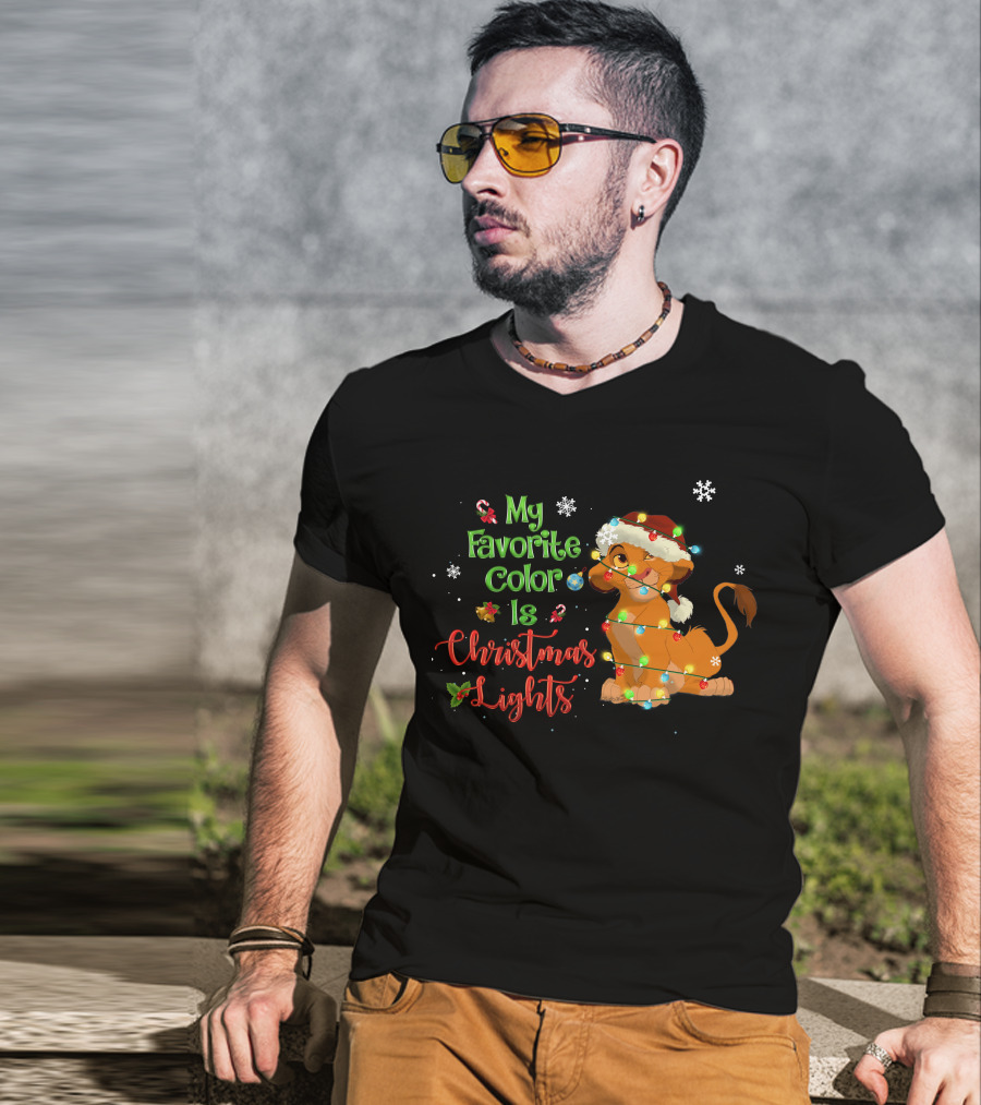 My Favorite Color Is Christmas Lights Simba Santa Hat Snowflakes T-Shirt