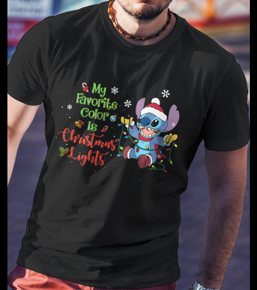 My Favorite Color Is Christmas Lights Stitch Holiday Lights Snowflakes Santa Hat T-Shirt
