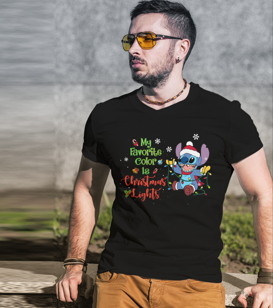 My Favorite Color Is Christmas Lights Stitch Holiday Lights Snowflakes Santa Hat T-Shirt
