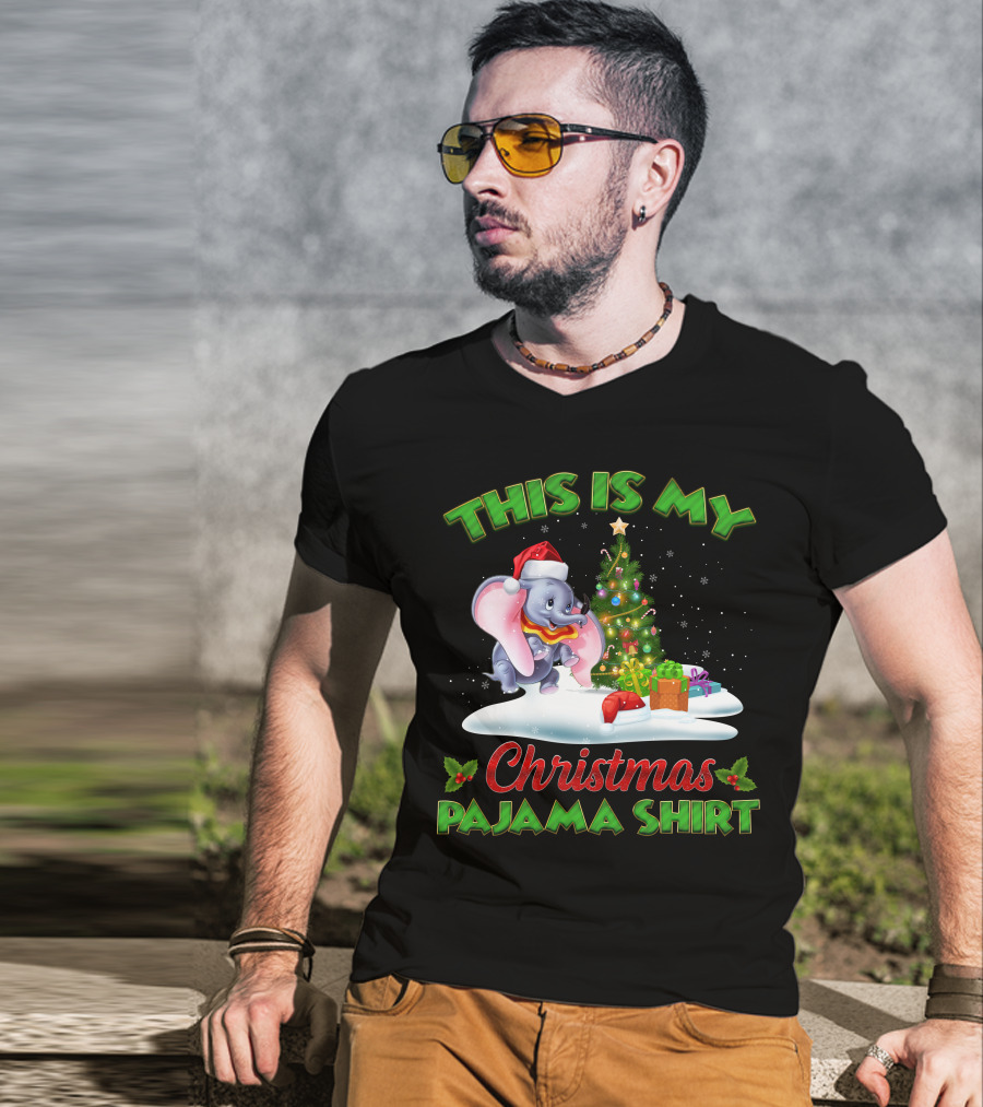 This Is My Christmas Pajama Shirt Dumbo Santa Hat Christmas Tree Presents T-Shirt