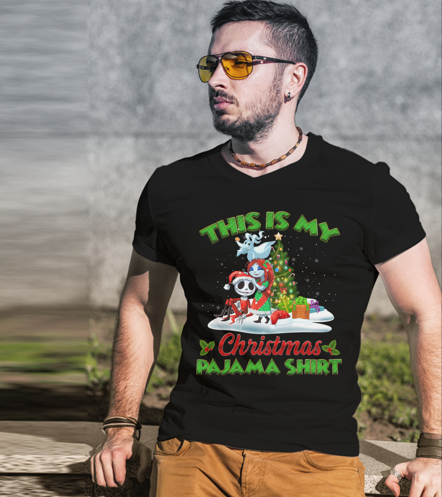 This Is My Christmas Pajama Shirt Jack Skellington And Sally Holiday Tree Scene T-Shirt
