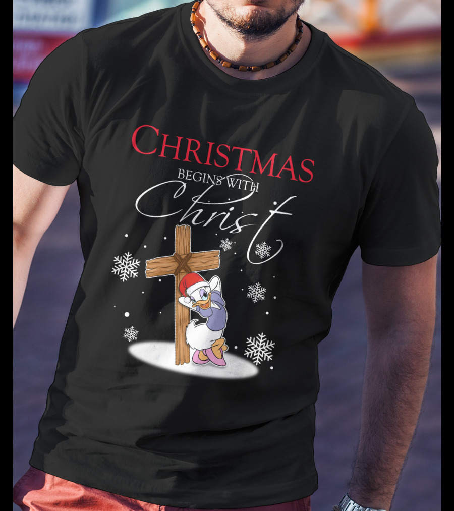 Christmas Begins With Christ Daisy With Cross And Snowflakes T-Shirt